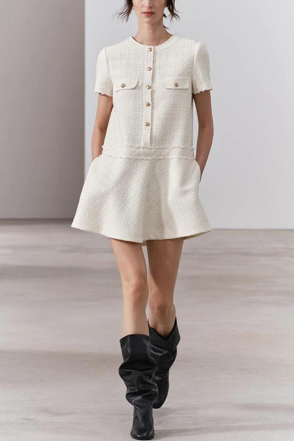 Brit & Boho™ I Lalaine Gold Button Short Sleeve Pocketed Mini Dress Brit & Boho | Fashion & Boutique