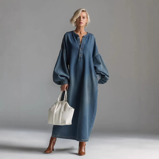 Elegant Urban-style Denim Balloon Sleeve Maxi Dress