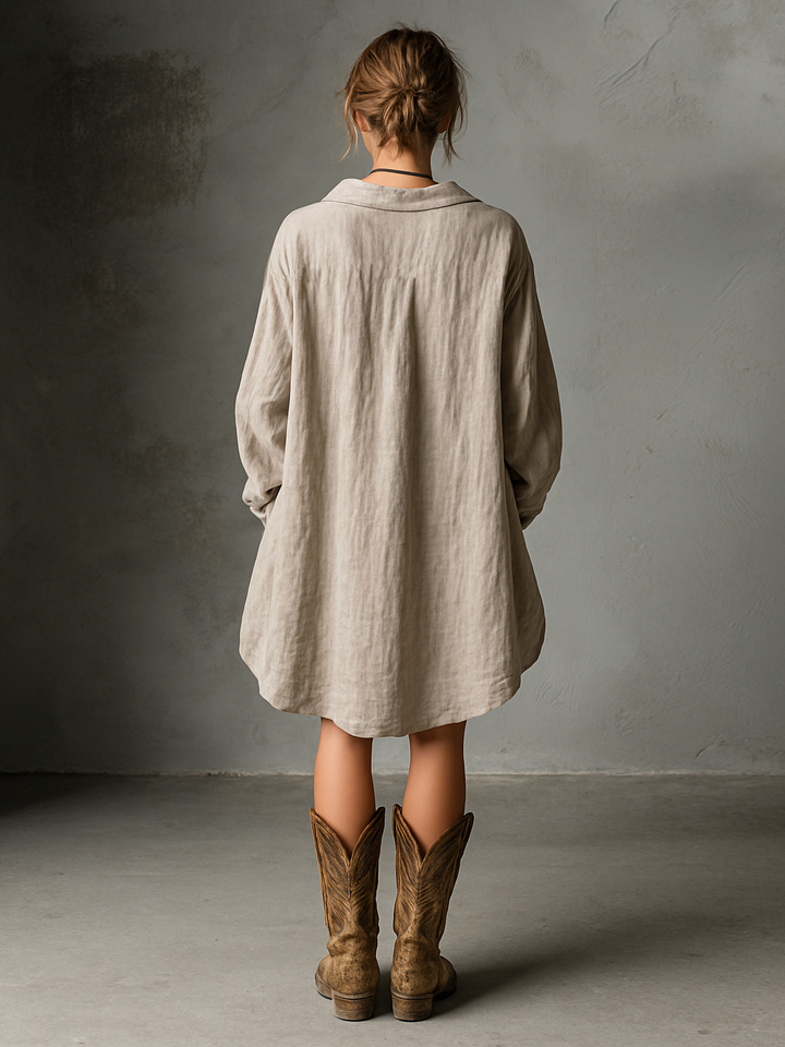 Women's Fashion Loose Cotton And Linen Button Lapel Mini Dress MDA1854H2Y