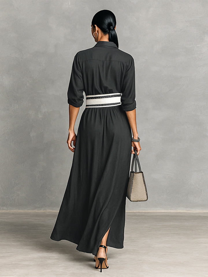 Women's Imitation Cupro Fabric Lapel Single-breasted Long-sleeved Waist Maxi Dress MDA2258G6Y