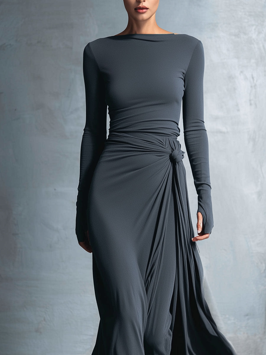 Women's Gray Exquisite Stretch Blended Fabric Wrap Dress - Knotted Maxi Dress MDA1401H9I