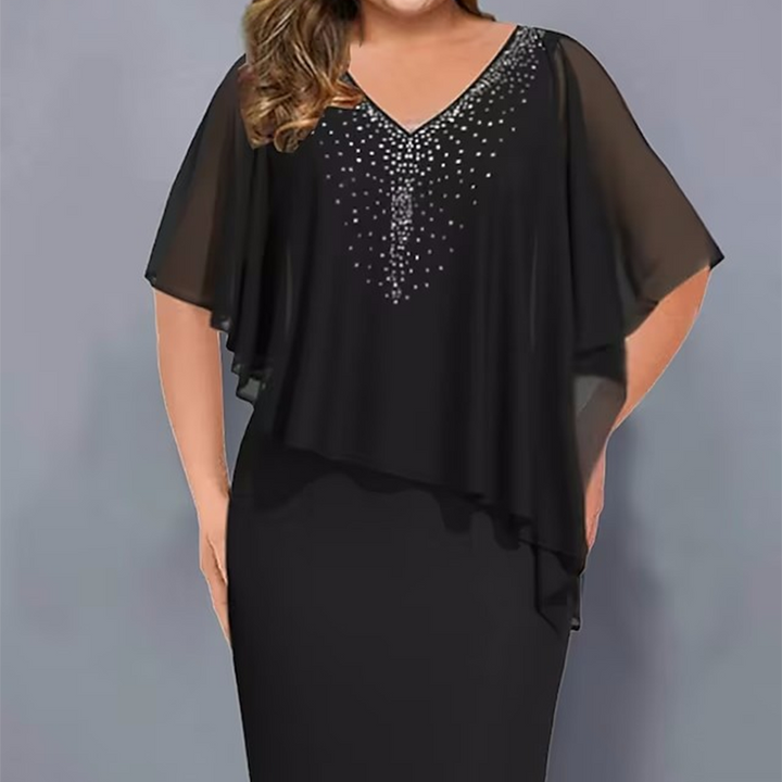 Rhinestone V-Neck Cape Dress with Chiffon Overlay